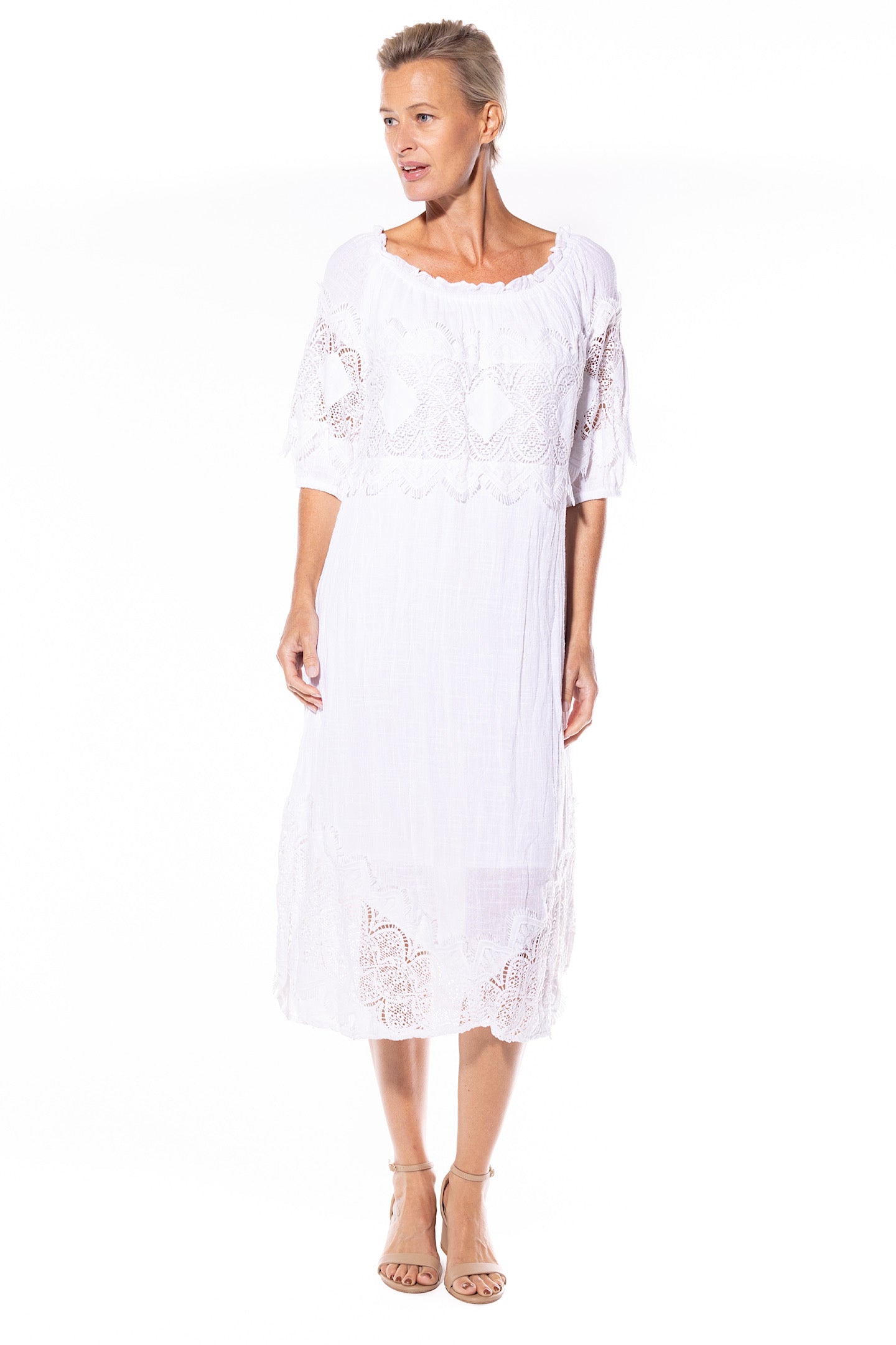 Cafe Latte Peasant Dress White CLM449