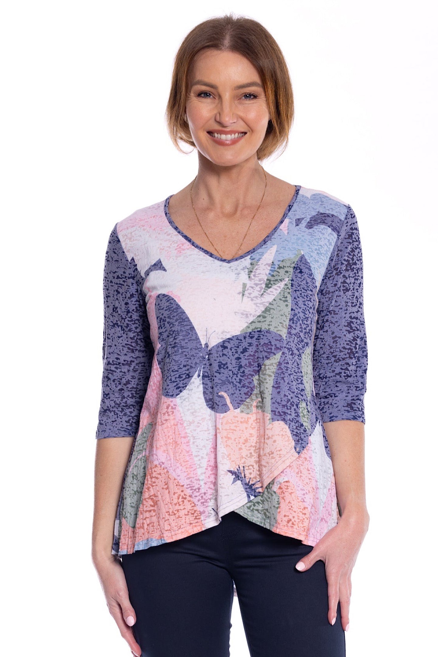 Cafe Latte Navy Butterfly Tunic Top CLM506