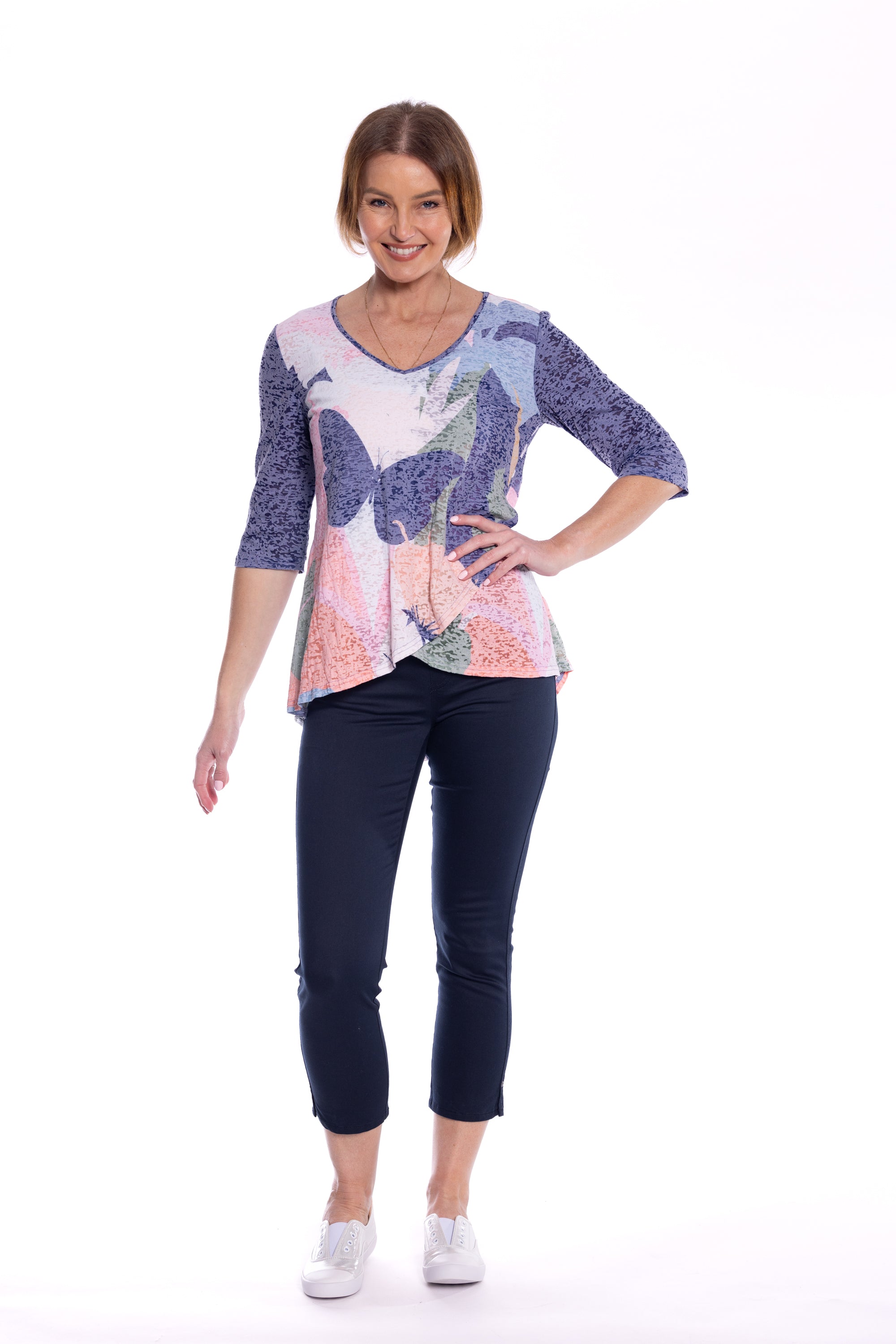 Cafe Latte Navy Butterfly Tunic Top CLM506