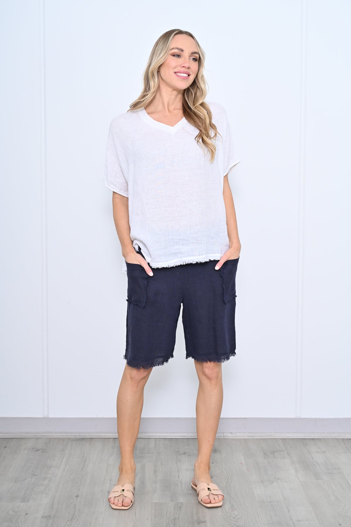 Cali & Co Fringe Shorts Navy CA24152-3