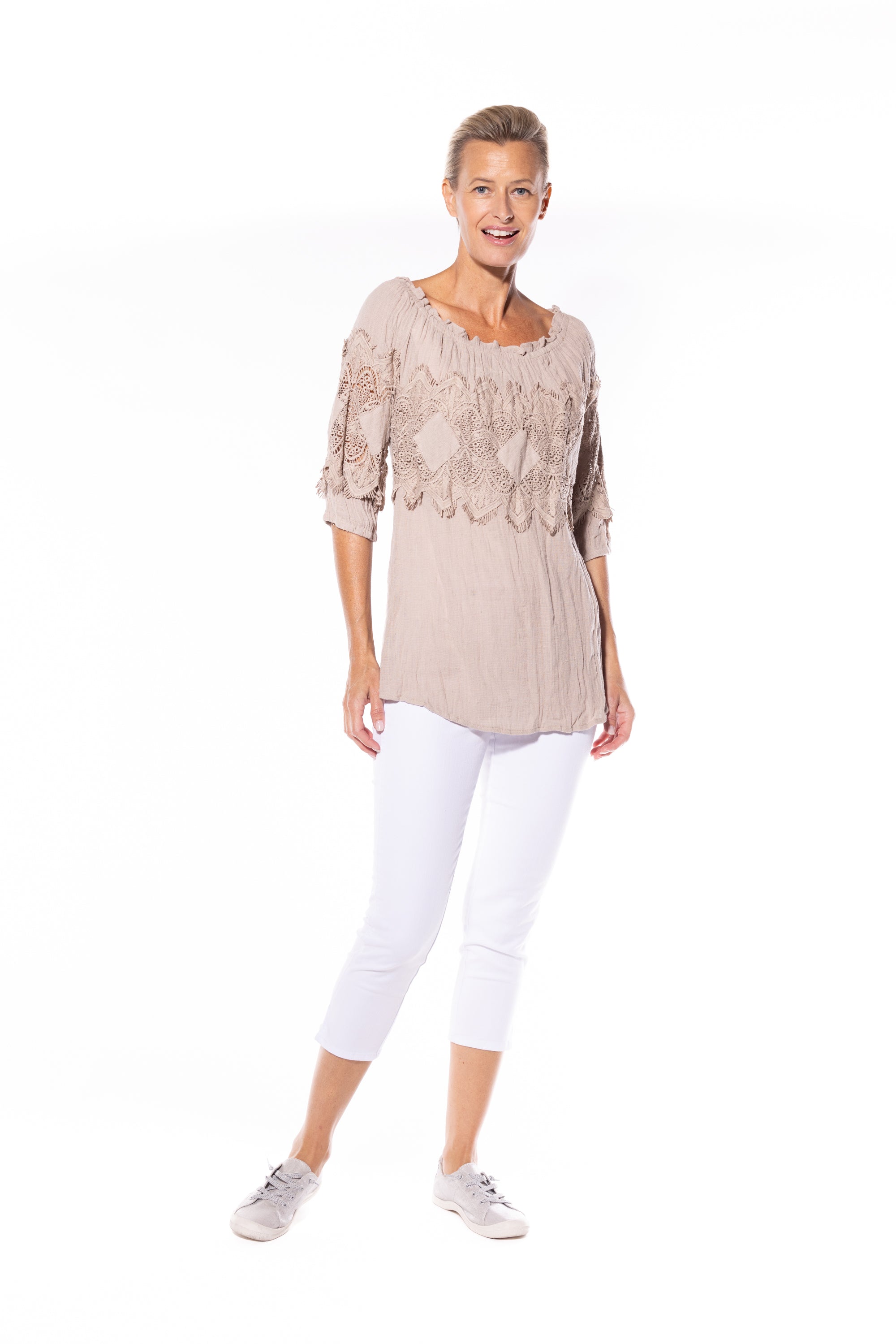 Cafe Latte Peasant Top Natural CLM448