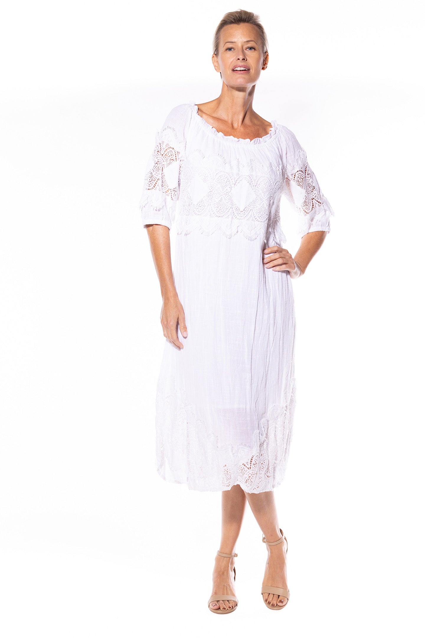 Cafe Latte Peasant Dress White CLM449