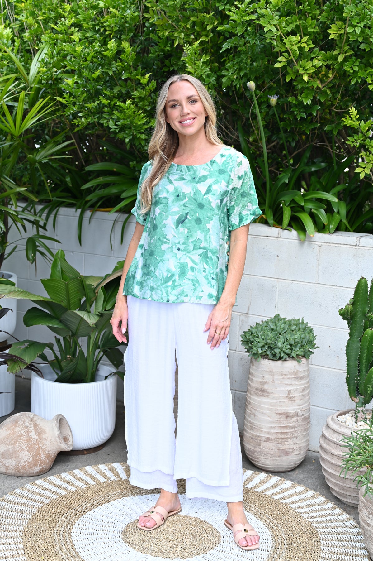 Cali & Co Green Print Top LA2401-13