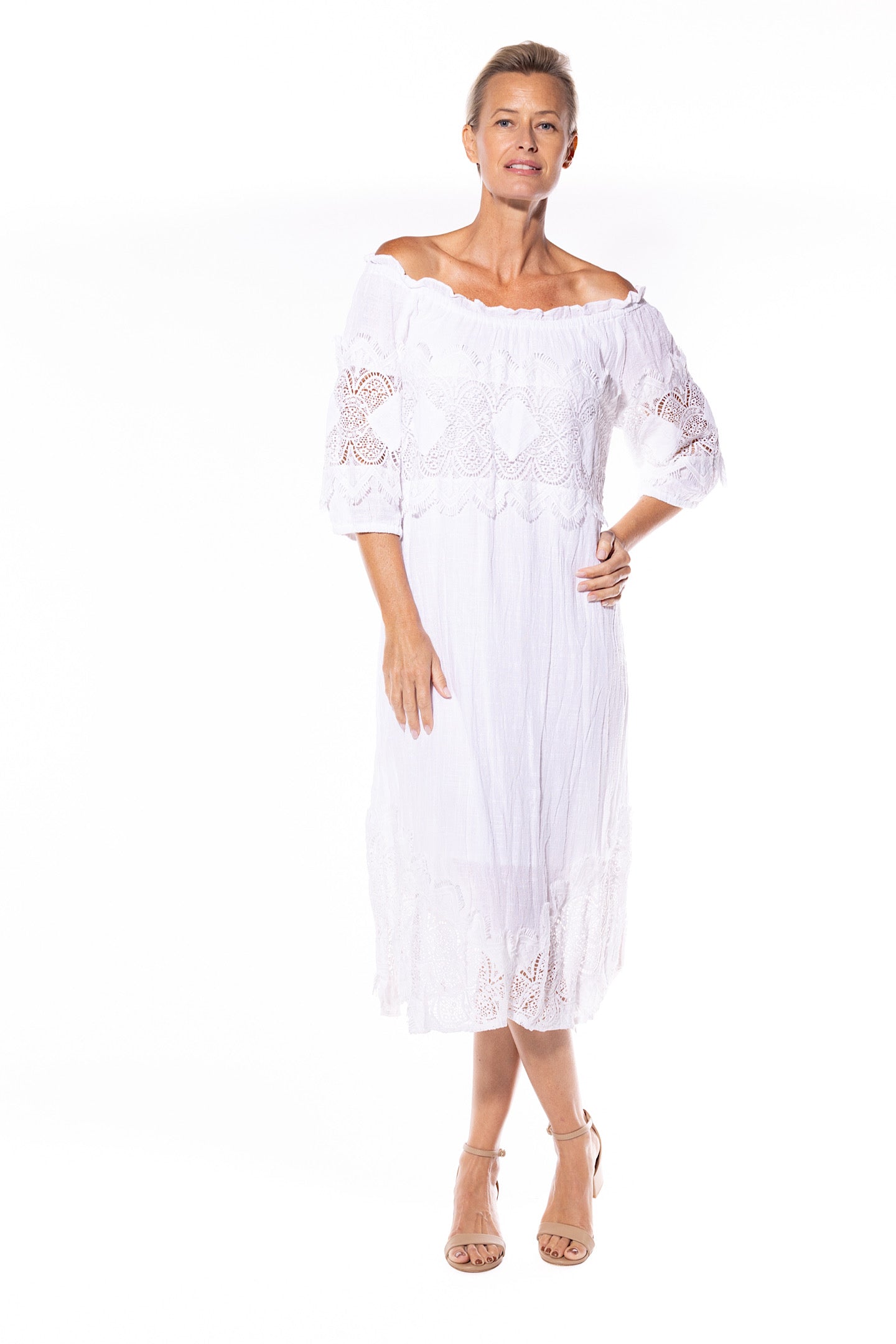 Cafe Latte Peasant Dress White CLM449